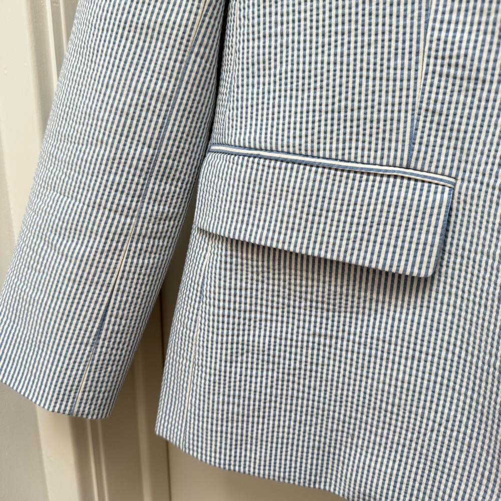 Zara Seersucker Blazer Blue and White Size M - Picture 8 of 9